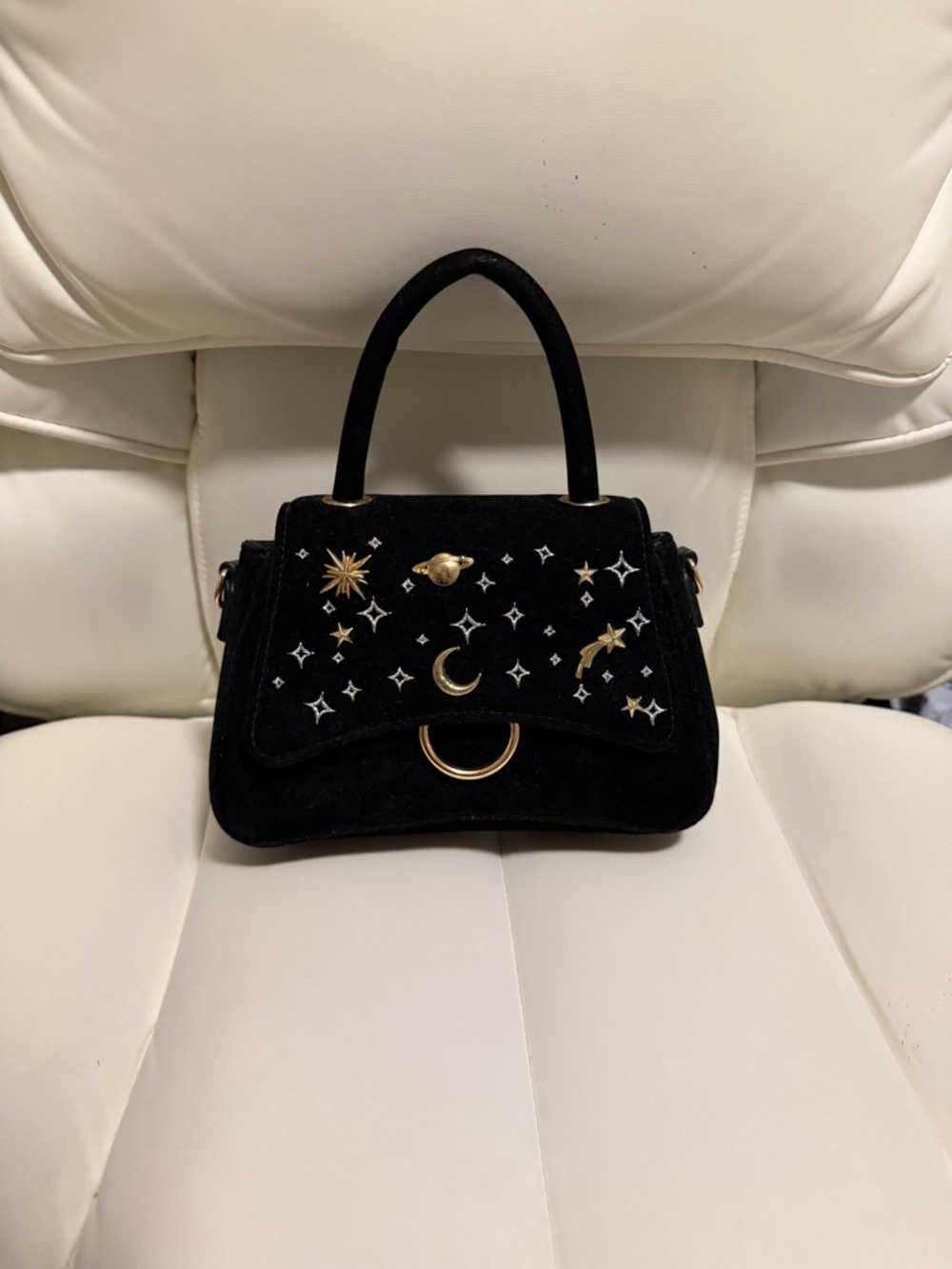 Black Velvet Mini Satchel with Gold Celestial Motifs